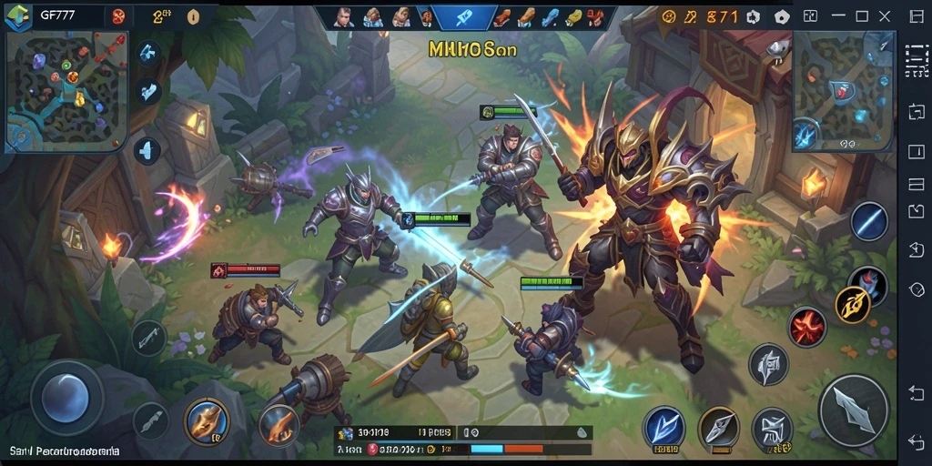 Tangkapan layar dari gameplay <strong>GF777</strong> yang menampilkan aksi pertempuran MOBA.