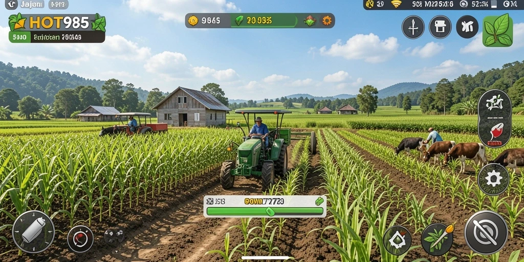 Screenshot gameplay HOT985 menampilkan aktivitas pertanian yang seru dan interaktif.