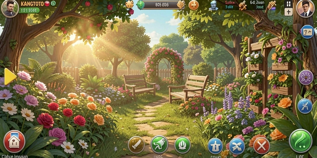 Screenshot gameplay KANGTOTO menampilkan kebun yang subur dan tanaman yang beraneka ragam.