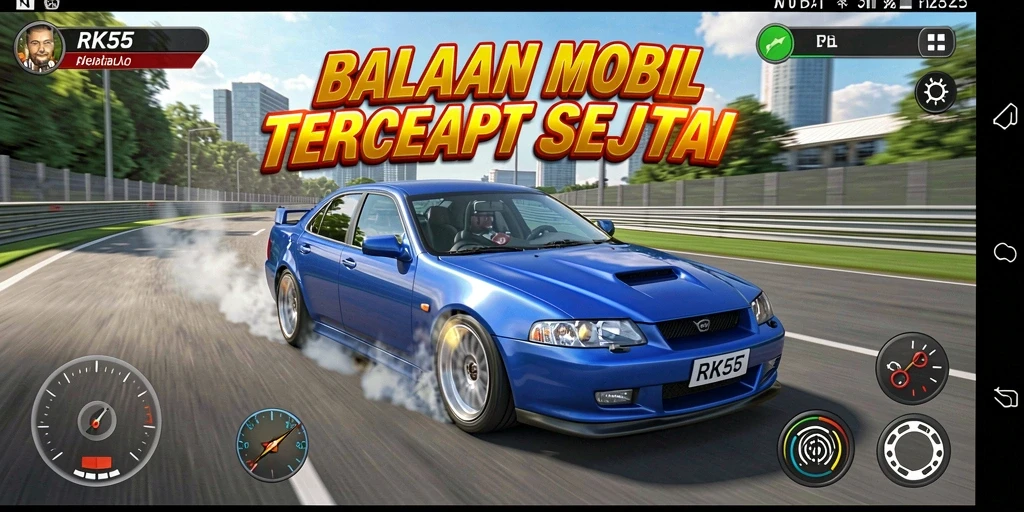 Screenshot gameplay RK55 menampilkan aksi balapan yang mendebarkan dan mobil yang cepat.