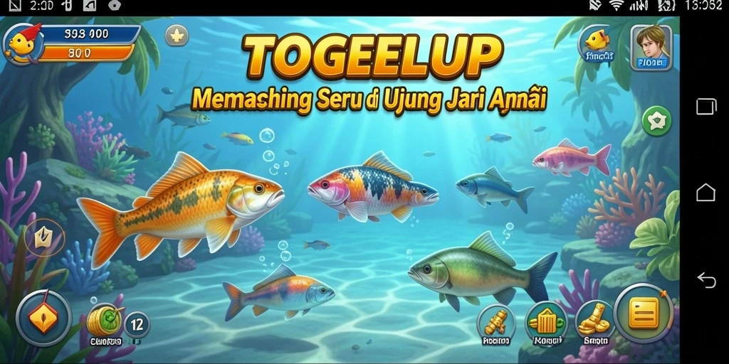 Screenshot utama TOGELUP menunjukkan pemain sedang memancing di danau.