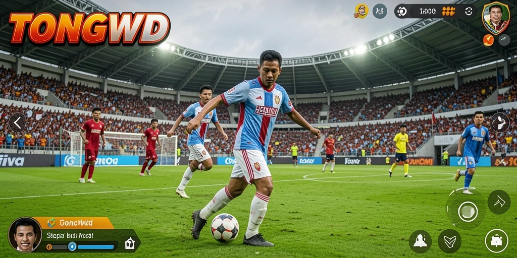 Screenshot gameplay TONGWD menampilkan aksi sepak bola yang seru.